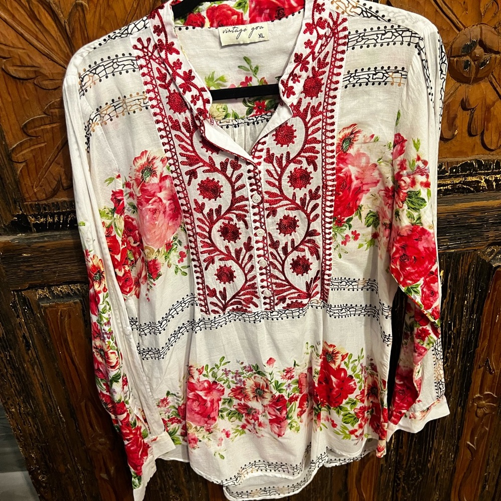 Vintage Red Floral Embroidered Blouse